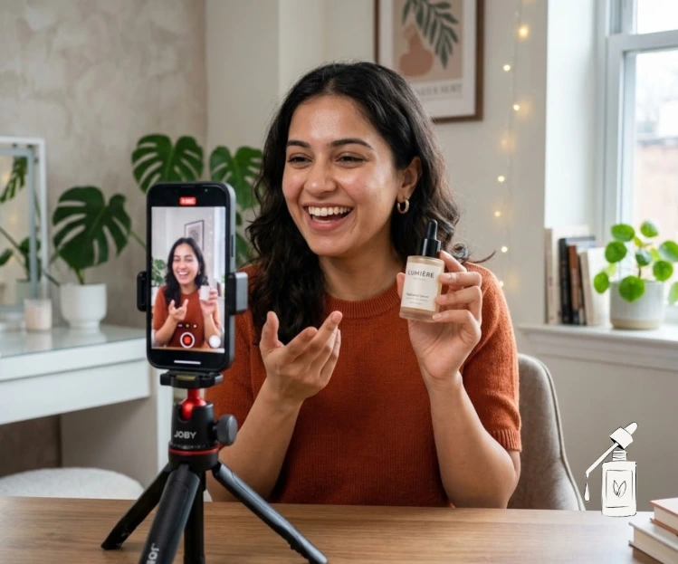 Female influencer holding a skincare product for a UGC advertisement